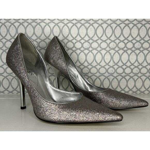 GUESS Women’s Sz 8.5 M Shimmery SILVER Multi Glitter Stiletto Carrie Style 3.5” - Picture 1 of 12